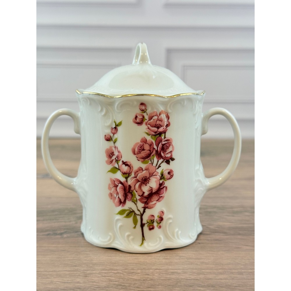VTG ARPO Romania Pink Flowers Sugar Bowl Dish and Lid Gilded Scalloped